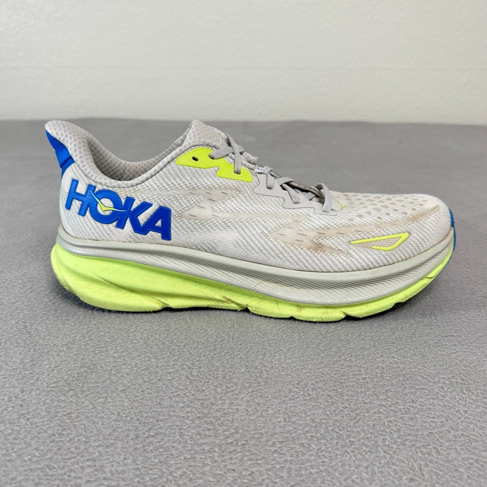 Hoka Clifton 9 Running Shoes Mens 11.5D Gray Lime Blue Athletic Sneakers